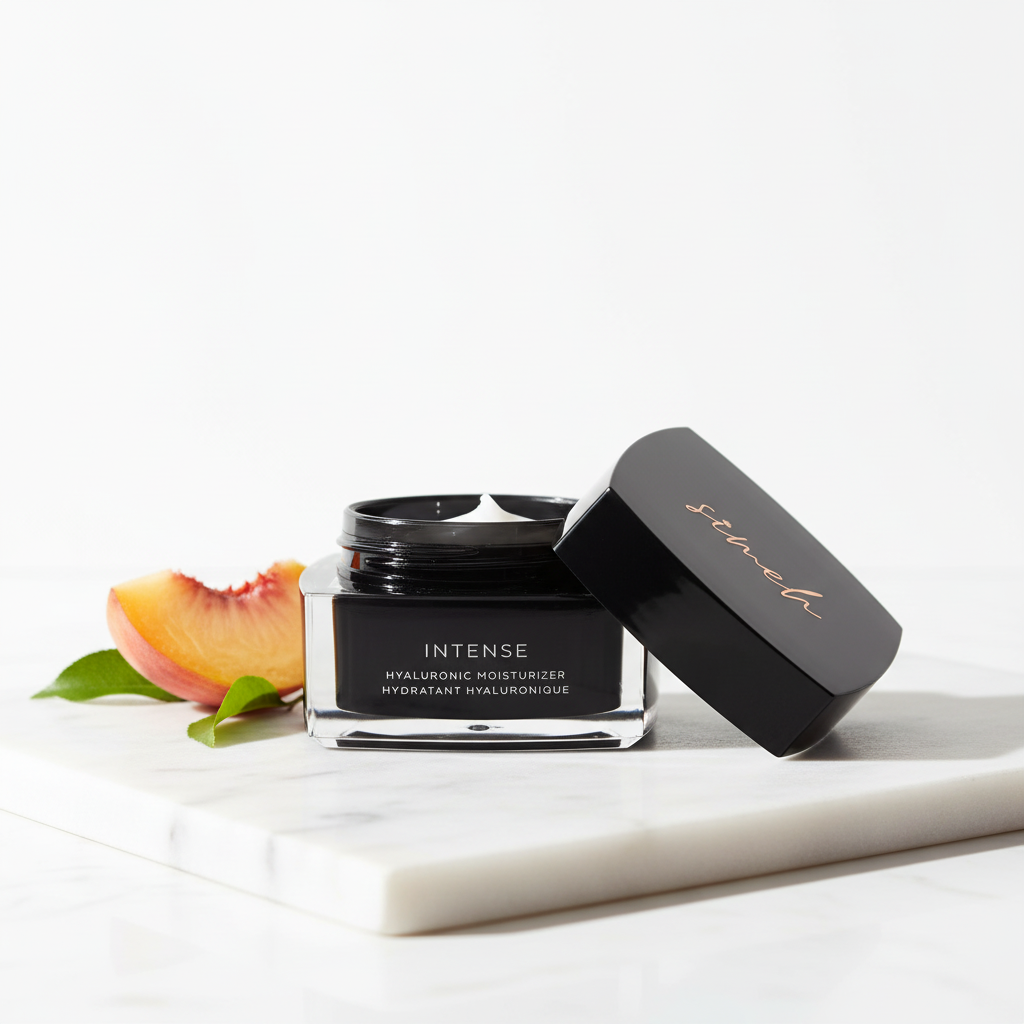 Hyaluronic acid night moisturizer with peach on white marble - professional product photography