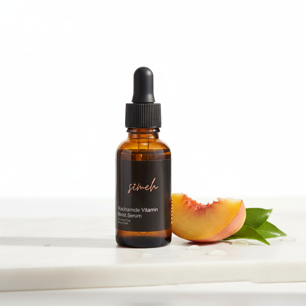 Niacinamide vitamin boost serum with peach on white marble - professional product photography
