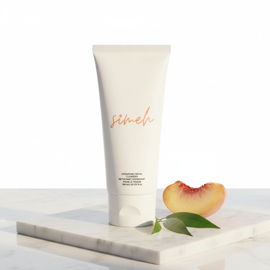 Aloe vera hydrating facial cleanser with peach on white marble - professional product photography