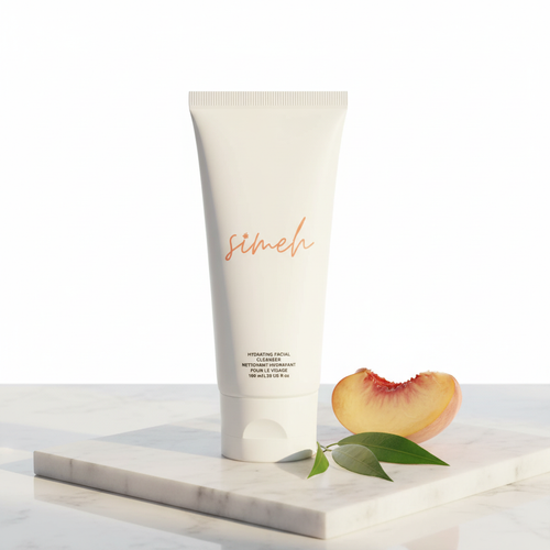 Aloe vera hydrating facial cleanser with peach on white marble - professional product photography
