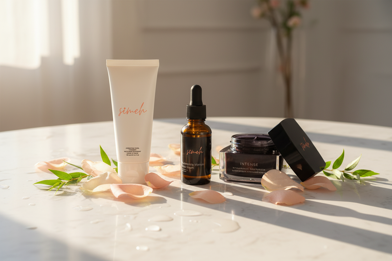 Bannière hero boutique skincare - produits sur marbre